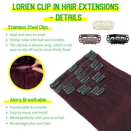 LORIEN Clip in Hair Extensions Real Human Hair, 14 Inch 80g, 99J Burgundy, Clip in 100% Brazilian Remy Human Hair Extensions 8pcs Per Set with 18 Clips Double Weft