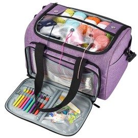 HATINXIA Knitting Bag, Large Capacity Yarn Storage Organizer Tote bag with Compartments and Pockets for Knitting Needles, Crochet Hooks, Knitting Project and Accessories, Bag Only, Purple