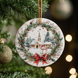 KSDUT Christmas Ornament - Winter Woodland Ceramic Ornament Keepsake, Christmas Wreath Xmas Holiday Ceramic Decor for Christmas Tree, Snowy Deer Pine Tree Decoration Hanging Ornament