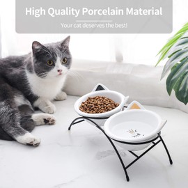 OMAYKEY Elevated Ceramic Cat Bowls Set of 2 with Metal Stand & Silicone Feeding Mat, 12 oz Tilted Raised Cat Food & Water Bowls Dishes, Pet Feeder Bowls for Cats, Kittens, Small Dogs - White