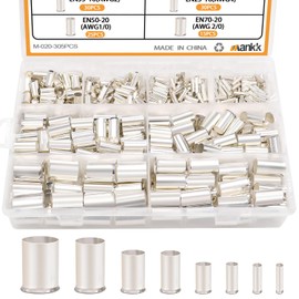 mankk 305 Pcs Wire Ferrules Kits Silver Plated Copper Crimp Terminal Connector 8 Sizes AWG (1/0 2/0 2 4 6 8 10 12) Sleeves Insulated Cord Pin End Terminal M-020-305PCS