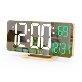KOSUMOSU Desk Clock for Bedroom Accessories 6.7in Gold Digital Alarm Clock with Dimming,12/24h, Date, Day of Week, Temp, LED Clock, Modern Digital Calendar Clocks for Living Room Essentials
