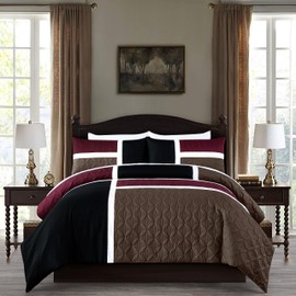 Chezmoi Collection Bernard 7-Piece Full Bed in a Bag Comforter Set with Sheets - Lightweight Comforter Burgundy Black Brown Patchwork Quilted Medallion Bedding Set for All Season