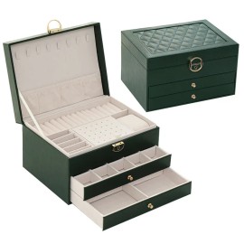 LG7338 Wholesale Large Rectangle 3 Layers Jewelry Box Lock Women Rings Earrings Necklaces Storage Organizer Pu Leathercolor: Light green