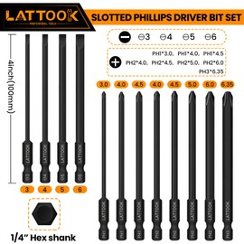 12 Piece Slotted Phillips Screwdriver Bit Set, LATTOOK 1/4 Inch Hex Shank S2 Steel Magnetic Slotted Phillips Driver Bit Set, 4 Inch Long Drill Bits, SL3, SL4, SL5, SL6, PH1, PH2, PH3