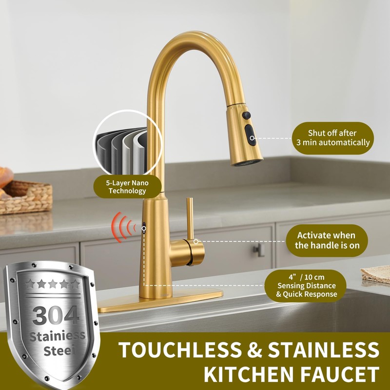 Tohlar Gold Touchless Kitchen Sink Faucet, Smart Bar Faucets with