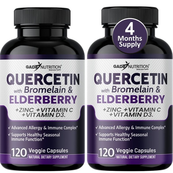 Quercetin with Vitamin C and Zinc - Elderberry - Quercetin 500mg - Quercetin with Bromelain - Zinc Quercetin - Vitamin D3 - 6 in 1 Daily Immune Support, Non-GMO - Sambucus Supplement - 4 Months Supply