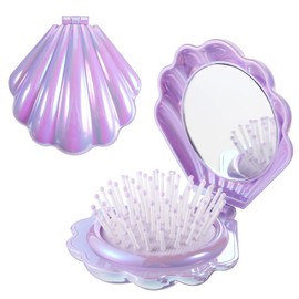 2 Pack Foldable Travel Hair Brushes with Mirror Metallic Shinning Finish Shell Shape Pocket Brush Purple Portable Folding Pocket Hair Brush Mini Hairs Comb Compact Size Hairs Massage Comb for Women
