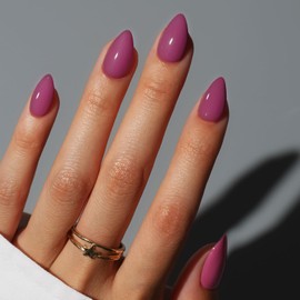 KQueenest Plum Purple Press on Nails Short Almond, Short False Nails with Glue, Solid Berry Purple Fake Nails Press ons Stiletto, Glossy Opaque, Reusable Soft Gel Stick on Nail for Women, 30 Pcs