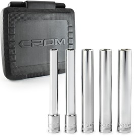 CROM 3/8" Drive Extra Deep Socket Set - Metric Long Socket Set 120 Deep 6PT in 8, 10, 12, 13,14mm (5 Piece)