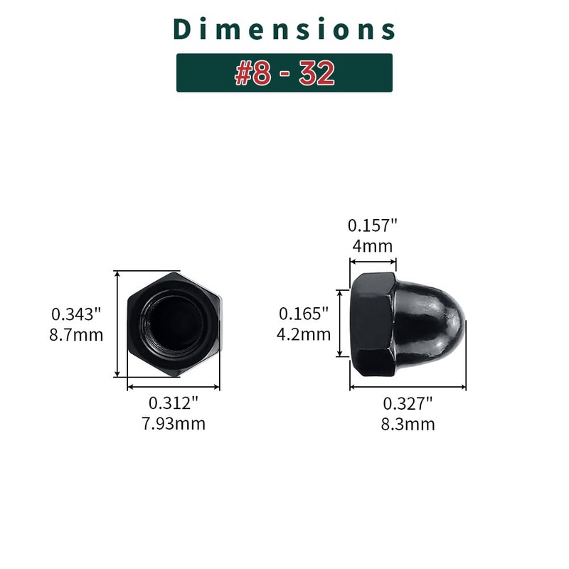 #8-32 Black Acorn Hex Cap Nuts (50 pcs), 304 Stainless