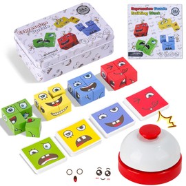 TYFYH Wooden Cube Puzzle, Expression Wooden Puzzle, Wooden Cube Game, Faces Puzzle Building Cube, 3D Puzzle Face Changing Magic Cube, Mastugart Game for 3 4 5 6 7 Children with Table Bell