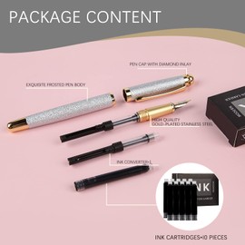 Bociyer fountain pen-Multiple color styles with rhinestone,diamond inlay and frosted finish,Cute pens,Luxury pen,Office pens,Best pen set,Includes 10 Ink Cartridges and Ink Refill Converter(Silver)