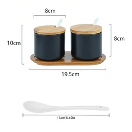Yhuasia Sugar Bowl with Lid, Salt Jar, Sugar Bowl Black, Sugar Bowl with Spoon, Spice Jars with Spoon, Ceramic Jar with Attached Spoon and Lid Made of Bamboo (Two Black)