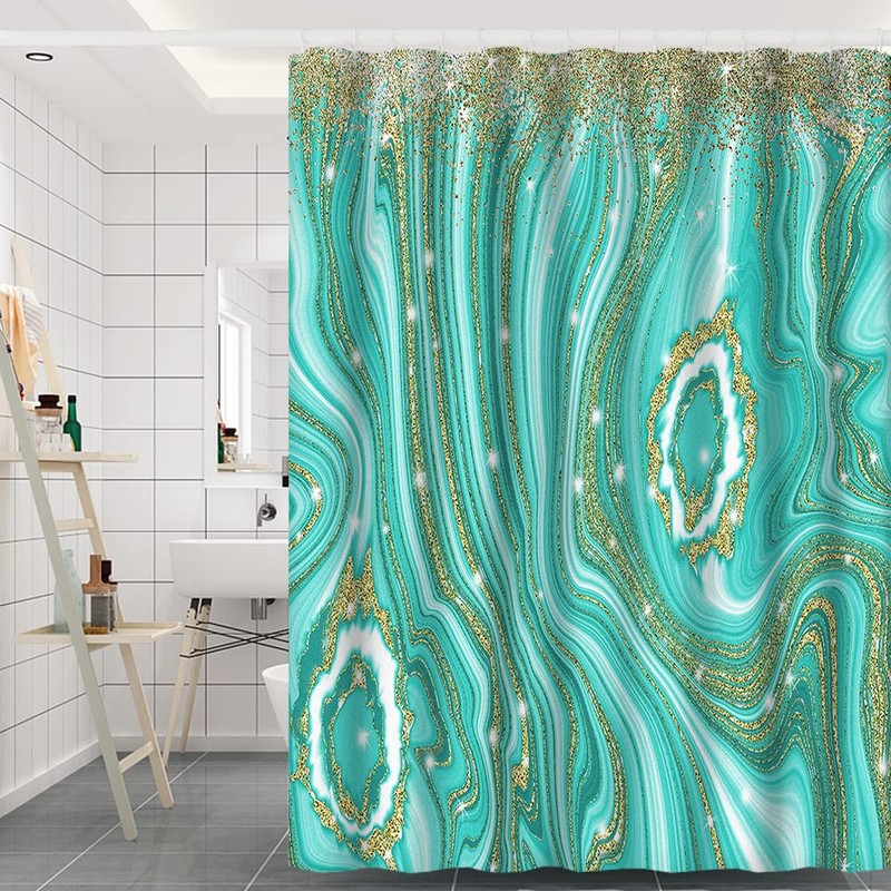 Umpoo Turquoise Marble Shower Curtain 72x78 Inch Abstract Gold Quicksand