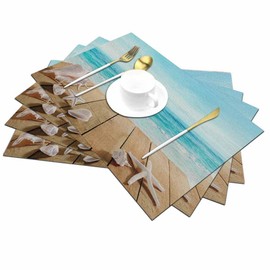 Walmsco Placemats Starfish Shells Wooden Board Ocean Decor For Dining Room Kitchen Table,Waterproof Non-Slip Washable Heat Resistant Placemats,Set of 4,12"x18"