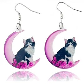 twinkle eye Acrylic Animal Fun Cat on the Moon Dangle Earrings 70'S 80'S Retro Shiny Disco Ball Earrings Lovely Cat Earrings for Women Dance Party Costume Jewelry Gifts