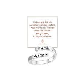 DivaGlamz God Can And God Will Spiral Wrap Cross Ring for Women, Stainless Steel Adjustable Religious Faith Thumb Rings Inspirational Gift jewelry (God Can-Silver)