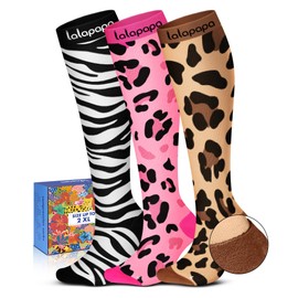 Lalapapa Cute Compression Socks for Women - 3 Pairs 20-30 mmHg Lightweight Graduated Knee High Compression Socks for Women for Daily Wear Travel Nurse, Wild Prints, L/XL