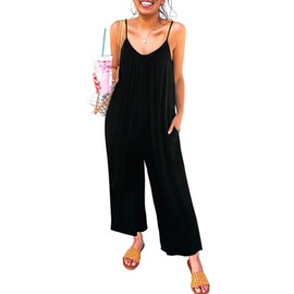 Happy Sailed Jumpsuits for Women Spaghetti Strap Wide Leg Long Pants Rompers One Piece Jumpsuit Stretchy Baggy Overalls Summer Sleeveless Vacation Outfits Medium A Black
