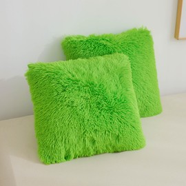XeGe Faux Fur Throw Pillow Covers, Luxury Fluffy Plush Green Pillow Shams, Shaggy Furry Decorative Pillow Fuzzy Cushion Cover for Sofa Bed Couch, Zipper Closure, Pack of 2(18''x18'', Lime Green)
