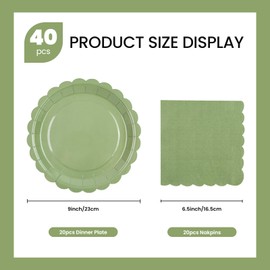LDFDRT 40 Pcs Party Dessert Plates and Napkins Sets Sage Green 9" Paper Plates and 6.5" Napkins Party Supplies Tableware Decoration For Birthday Picnic