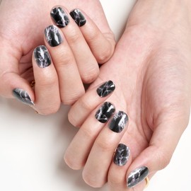 GLAMERMAID Press on Nails Extra Short Squoval, Black Marble Glue on Nail with Darkness, 24Pcs Glossy Round Reusable UV Finish Fake Nails Acrylic False Nails Manicure Kits for Women Gift