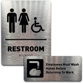 GDS Bathroom Sign Bundle – ADA Compliant Unisex Restroom Sign (6”x8”) and Employees Must Wash Hands (7”x3”) – Raised Icons, Braille, & Easy Install – Brushed Aluminum – Made in USA