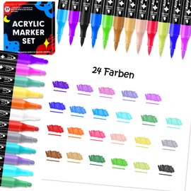 Dictien 24 Acrylic Pens for Stones Waterproof, 0.5-5 mm Waterproof Dual Tip Marker (Brush and Thick Skull), Pens for Stone Painting, Acrylic Pens Various Surfaces with Double Tip