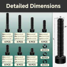 EASTPUK 159Pcs M6 Machine Screw Assortment Kit, M6 x 8/12/16/20/25/30/35mm Grade 12.9 Carbon Steel Black Bolts and Nuts Kit with Lock & Flat Washers, Socket Head Metric Bolt Kit