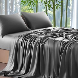 Fitted Sheet 160 x 200 cm Bamboo Grey Fitted Sheet Smooth Breathable Thick Mattress Hypoallergenic Non Iron Elastic Hem Up to 30 cm