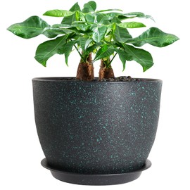 UOUZ UOUZ 12inch Large Plant Pot, Modern Plastic Planter with High Driange Holes and Saucer for Indoor Outdoor Garden Plants and Flowers, Black with Green Speckles