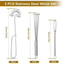 Prebarfun Pack of 5 Stainless Steel Whisks with Balls, Spiral Whisk Stainless Steel Whisk for Mixing, Stirring Dough, Eggs, Frothing (30 cm/11.8 inches, 27 cm/10.6 inches, 20 cm/7.9 inches)