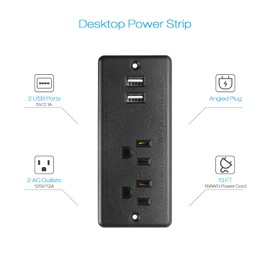 Recessed Power Strip Flat Plug, Desk Outlet with USB, ETL Listed Conference Recessed Power Outlet Socket with 2 AC Plugs, 2 USB Ports Connect with 10ft Power Cord for Furniture, Home, Office(Black)