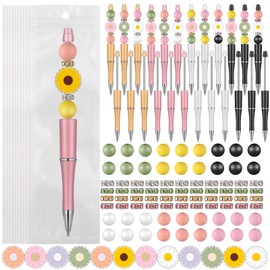 Colarr 24 Sets Plastic Beadable Pens DIY Pens Making Kit Assorted Bead Pens Wood Beads Crystal Spacer Beads Black Ink Ballpoint Pen for Women Crafts Office family Gifts(Daisy)