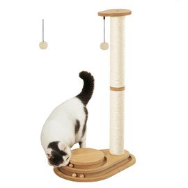 Made4Pets Cat Scratching Post Cat Scratcher Kitten Toys for Indoor Cats Wooden Ball Track Two-Layer Modern Sisal 32" Tall Scratch Post Interactive Toy with Dangling Ball Large Size