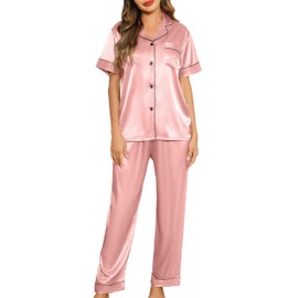 Lovasy Satin Pyjamas Women's Long Short Sleeve Pyjamas Set with Buttons V-Neck Pjs Sets Leisure Suit Women's Two Piece, pink