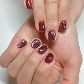 Red Press on Nails Short Square Fake Nails Cat Eye Nails Press ons Glitter Glue on Nails Burgundy Cat Eye Crystal False Nails Glossy Acrylic Nails Gel Artificial Stick on Nails for Women 24Pcs