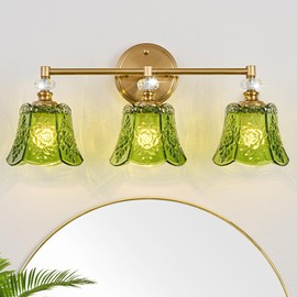 sunkryster Vintage Gold Bathroom Vanity Light Fixture, 3-Light with Rose Pattern Green Glass Shade, Retro Brushed Gold Finish