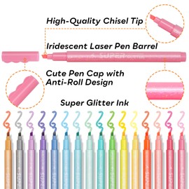 HANKU Glitter Highlighter Markers, 16-Count, Chisel Tip Glitter Highlighters Assorted Colors, Tween Teen Girl Gifts Trendy Stuff, Sparkly Marker Pens for Kids Adult Coloring Journaling Art Supplies