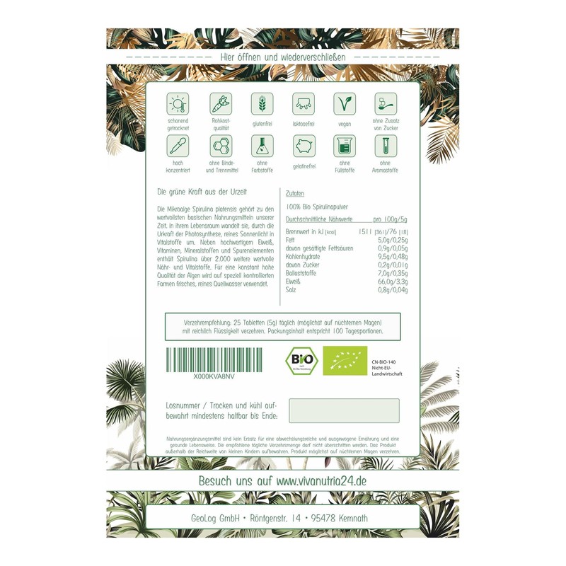 VivaNutria Organic Spirulina Pellets 500 g | From Controlled Organic