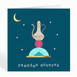 Islamic Moments: Ramadan Mubarak Teapot Greeting Card In Navy, With Crescent Moon, Stars & Arabic Calligraphy