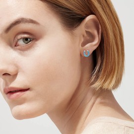 EVER FAITH 925 Sterling Silver Lucky Horseshoe Stud Earrings,Elegant Delicate Blue Created Opal Ear Jewelry for Women