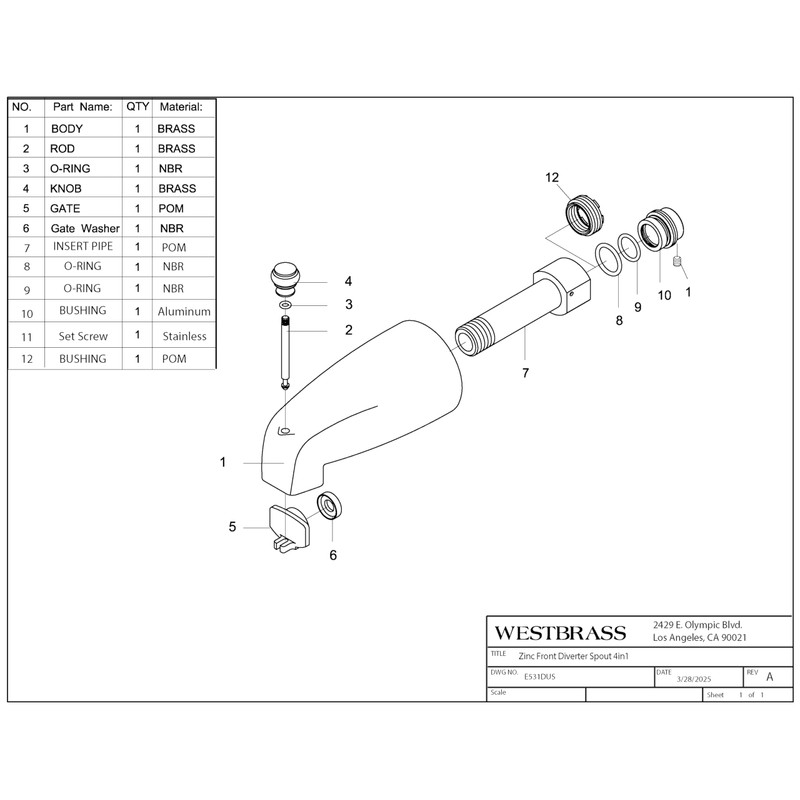 Westbrass E531DUS-07 Universal Fit 5-1/4" Diverter Tub Spout, Zinc, Satin