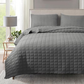 KASENTEX Quilt-Bedding-Coverlet-Blanket-Set, Machine Washable, Ultra Soft, Lightweight, Stone-Washed, Detailed Stitching - Solid Color, Full/Queen + 2 Shams, Dark Grey
