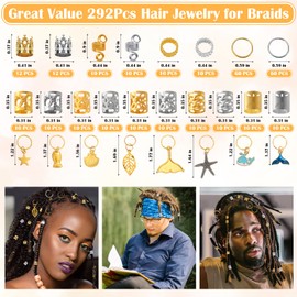 Qinzave Hair Jewelry for Braids, Gold And Silver Hair Jewelry Pendants for Braid, 292Pcs Loc Jewelry for Hair Dreadlock with Ring Cuffs Charm Dreadlock Accessories Hair Decorations for Men Women Girls (292Pcs)