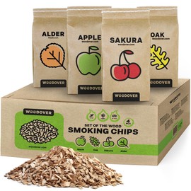 Smoking Wood Chips Smoker - Set of 4 - Apple Wood Chips for Smoker, BBQ Wood Chips for Smoking - Cherry, Alder, Oak, Hickory Wood Chips for Smoker, Smoker Wood Chips for Grilling - 4 Pack 1 lb Each