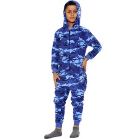 NOROZE Kids All-in-One Boys Camo & Aztec Dad-Son Men's Hooded Unisex Jumpsuit Onesie (9-10 Years, Camo Royal Blue)