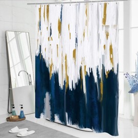 MitoVilla Extra Long Abstract Shower Curtain 72 x 84, Navy Blue 84 inch Brush Strokes Oil Painting Shower Curtain, XL Graffiti Ombre Fabric Shower Curtains for Modern Bathroom Decor