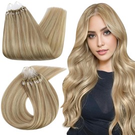 Ugeat Micro Bead Hair Extensions Highlight Blonde Micro Loop Hair Extensions Real Human Hair Golden Blonde Hair Extensions Micro Ring Blonde Hair Extensions for Women 16 Inch 50s 50g